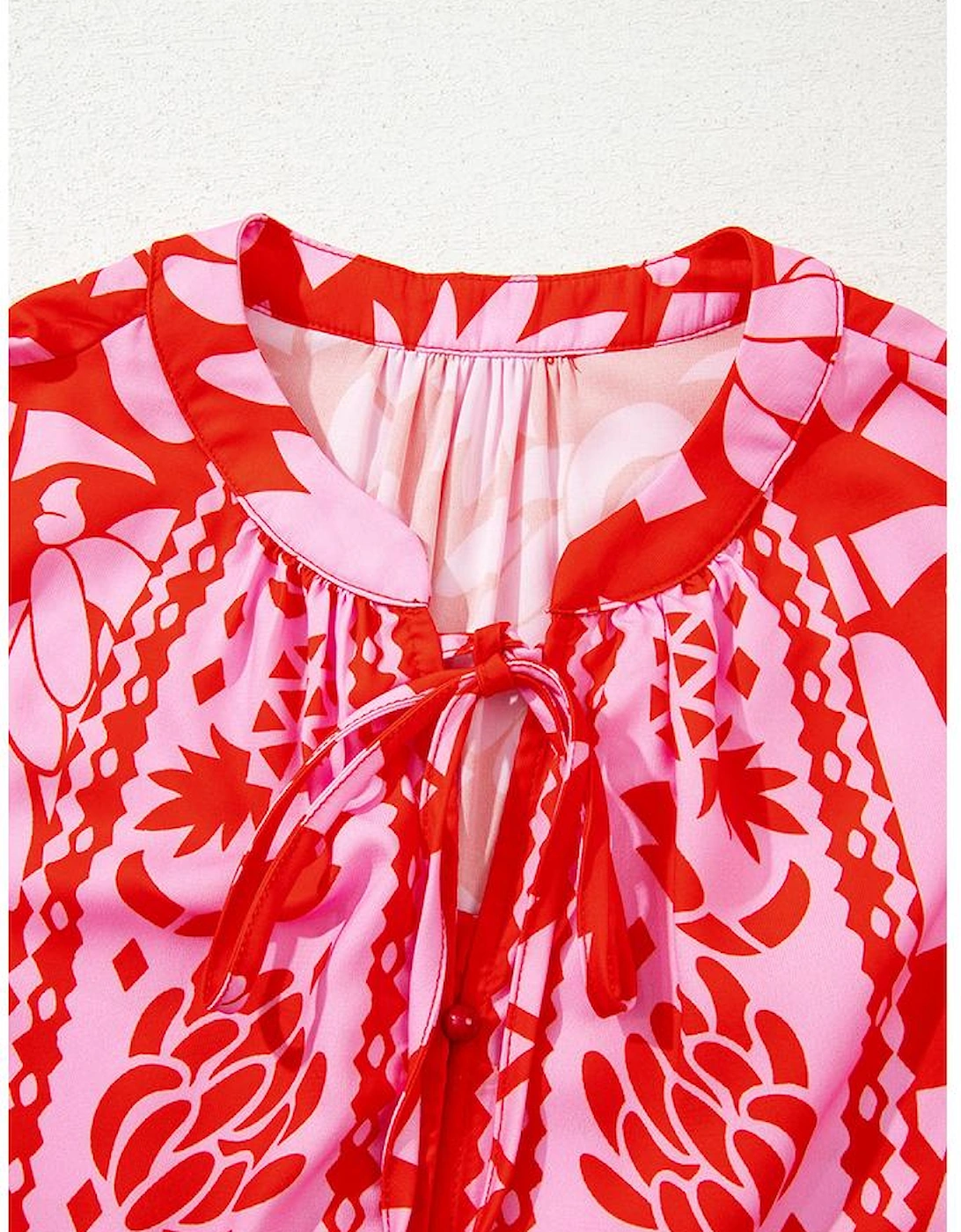 Strawberry Pink Abstract Floral Print Tie Neck Button Decor 3/4 Sleeve Blouse