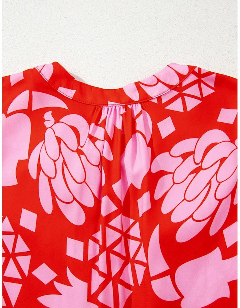 Strawberry Pink Abstract Floral Print Tie Neck Button Decor 3/4 Sleeve Blouse