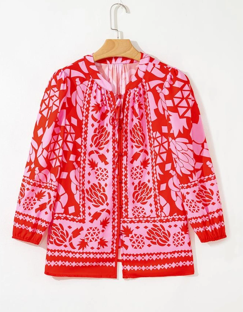 Strawberry Pink Abstract Floral Print Tie Neck Button Decor 3/4 Sleeve Blouse