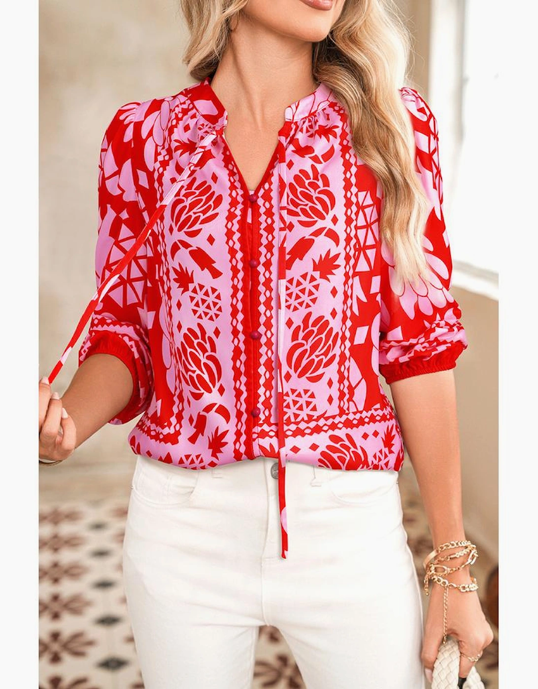 Strawberry Pink Abstract Floral Print Tie Neck Button Decor 3/4 Sleeve Blouse