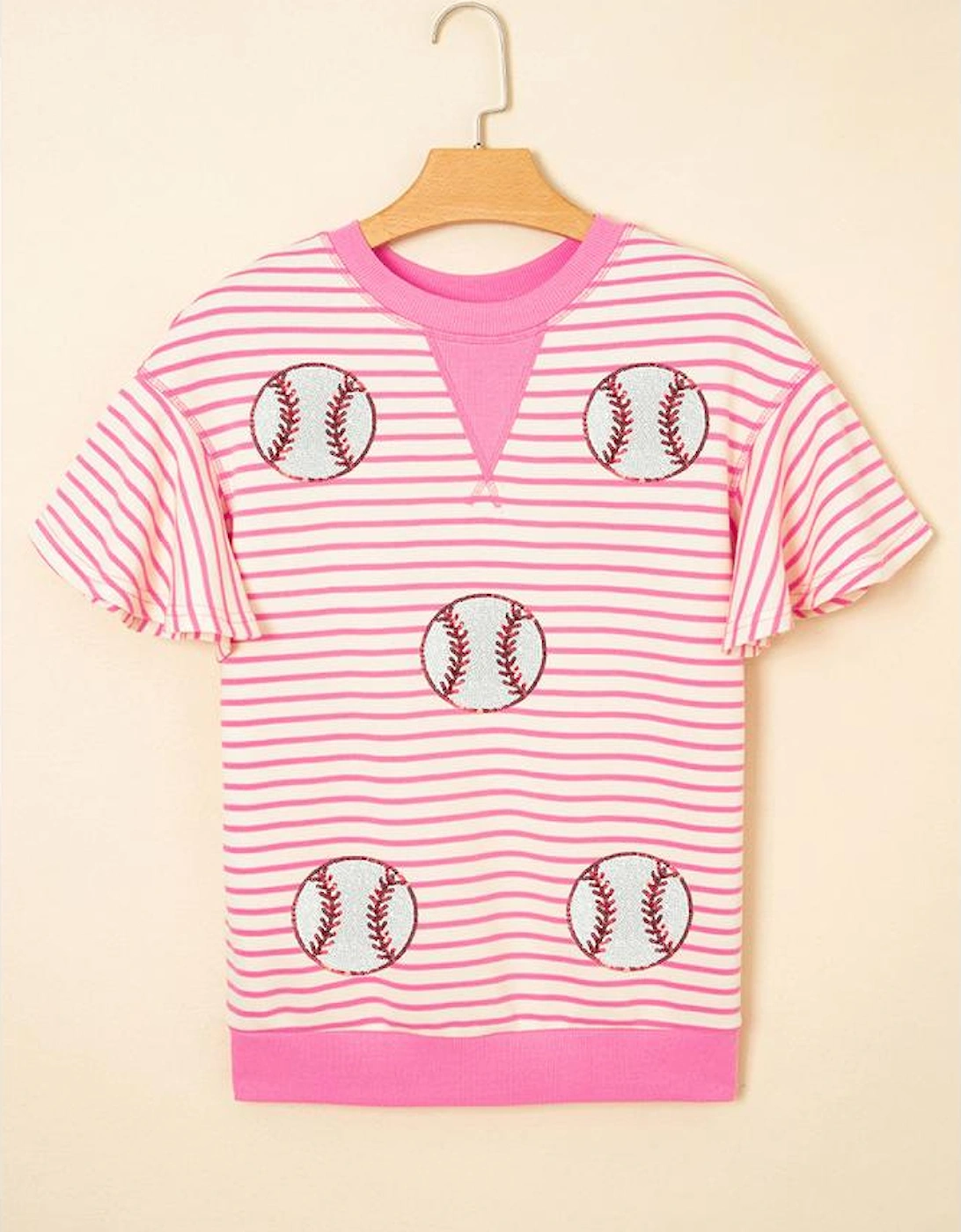 Sachet Pink Sequin Baseball Pattern Striped Ruffle Sleeve Round Neck Knit Top