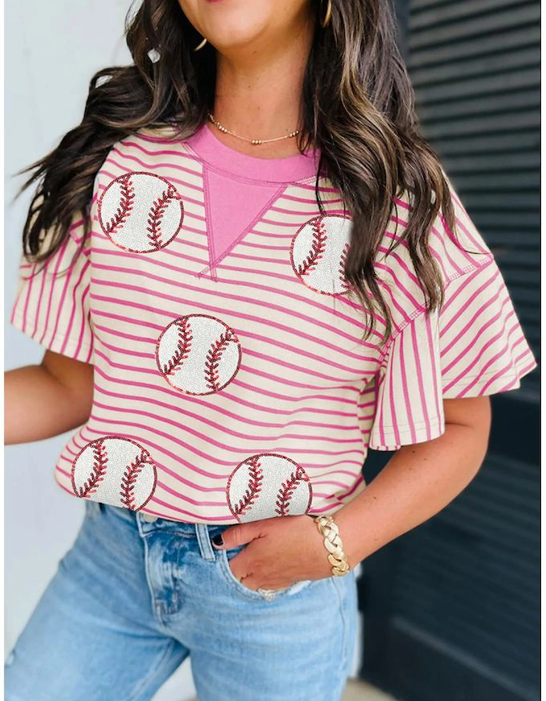 Sachet Pink Sequin Baseball Pattern Striped Ruffle Sleeve Round Neck Knit Top, 5 of 4