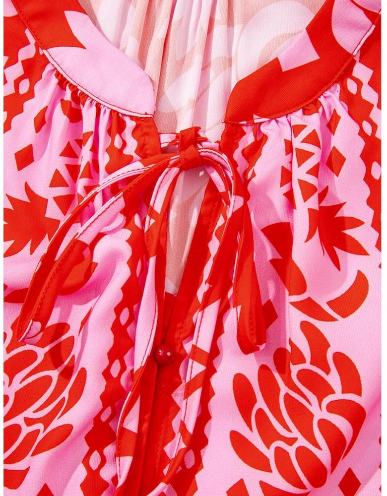 Strawberry Pink Abstract Floral Print Tie Neck Button Decor 3/4 Sleeve Blouse