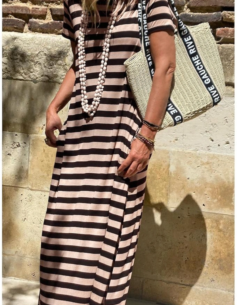 Black Stripe Casual Round Neck T-shirt Maxi Dress with Pockets
