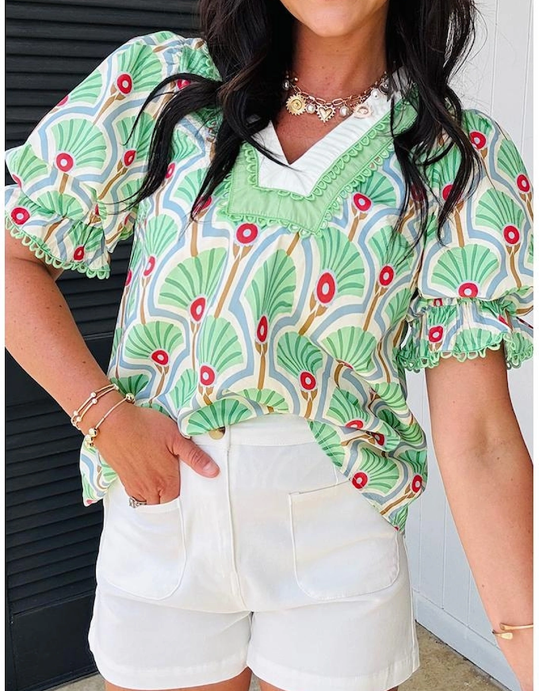 Green Floral Print Ricrac Trim Contrast V Neck Bubble Sleeve Summer Blouse