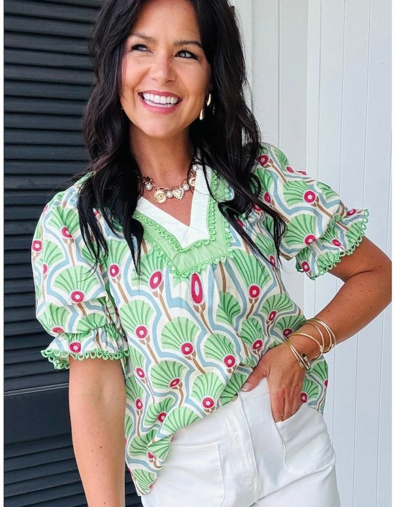 Green Floral Print Ricrac Trim Contrast V Neck Bubble Sleeve Summer Blouse