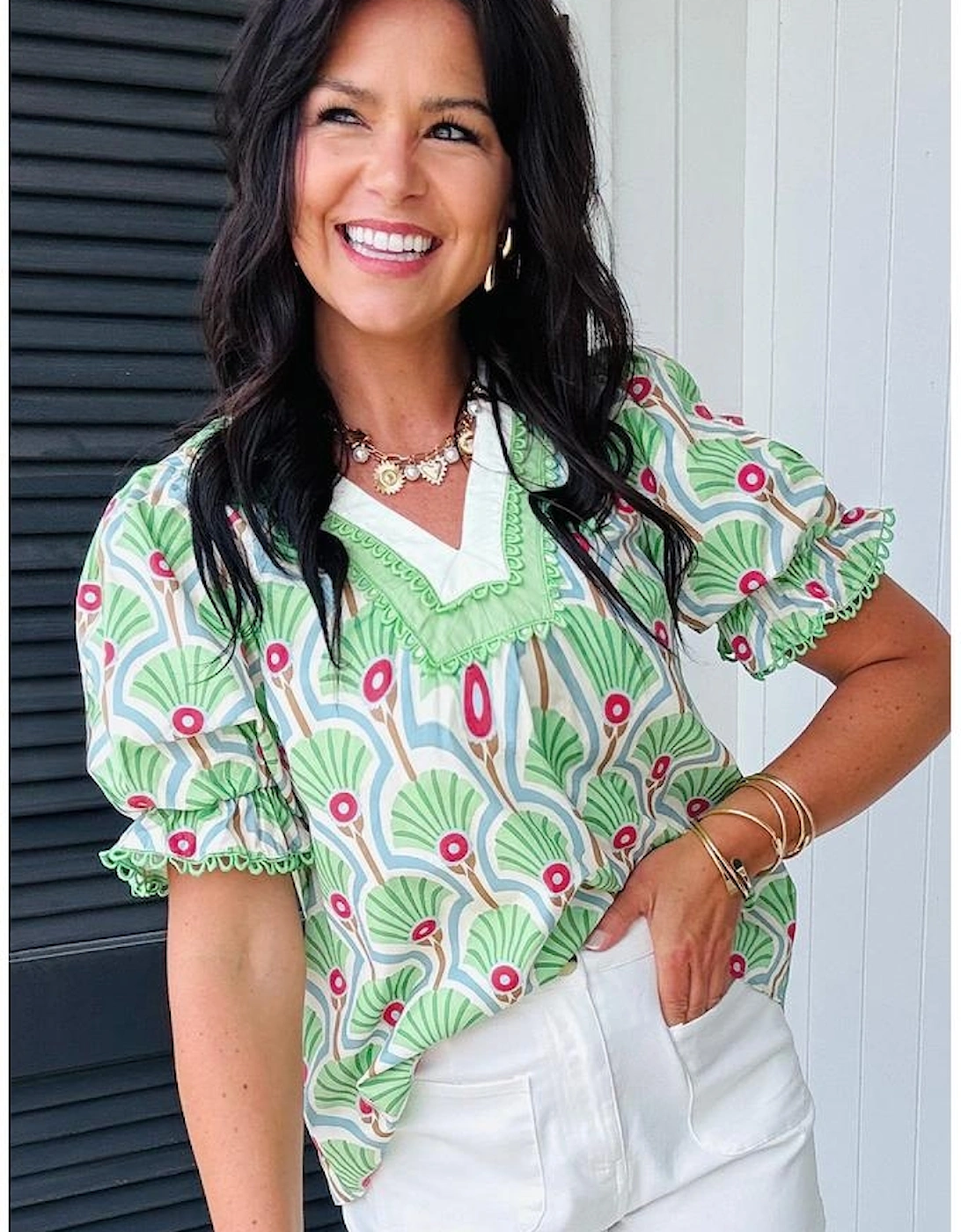 Green Floral Print Ricrac Trim Contrast V Neck Bubble Sleeve Summer Blouse, 4 of 3