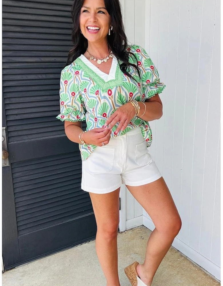 Green Floral Print Ricrac Trim Contrast V Neck Bubble Sleeve Summer Blouse
