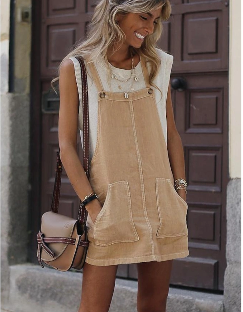 Parchment Side Buttons Sleeveless Overall Mini Dress