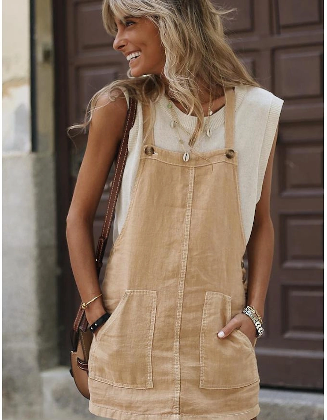Parchment Side Buttons Sleeveless Overall Mini Dress