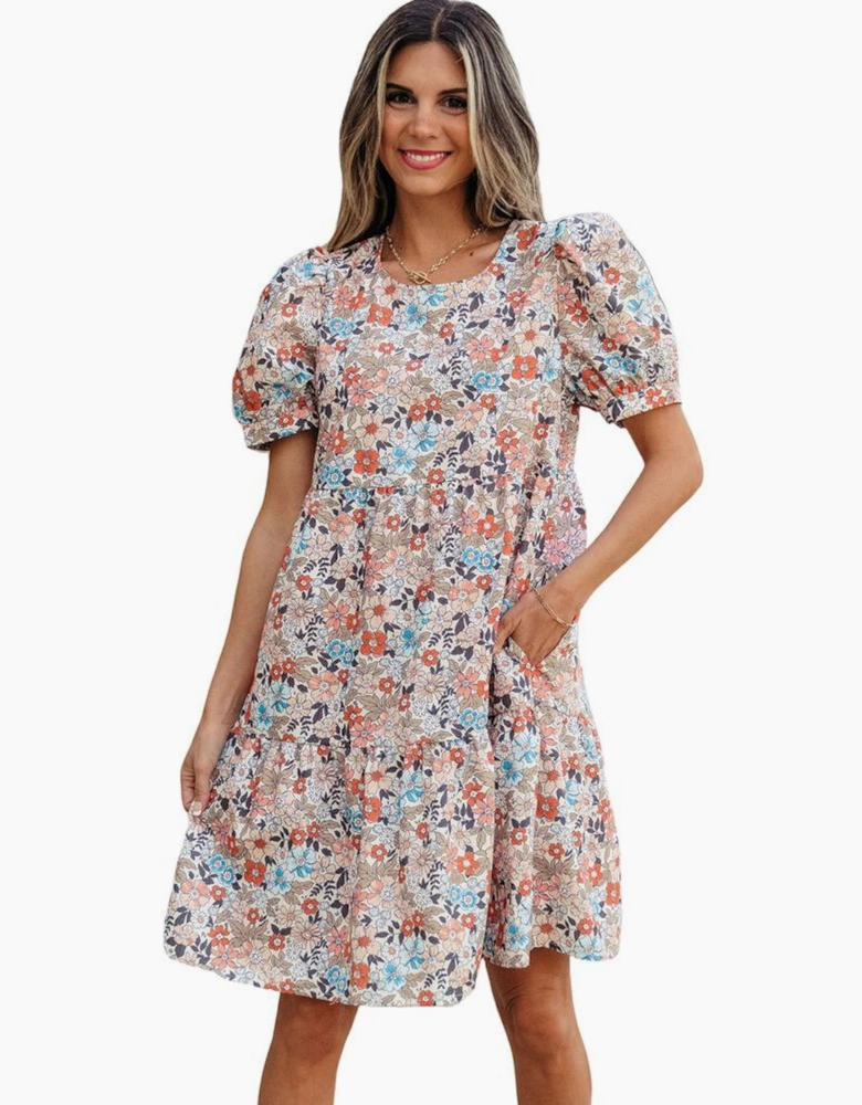 Apricot Bohemian Floral Print Short Puff Sleeve Mini Dress