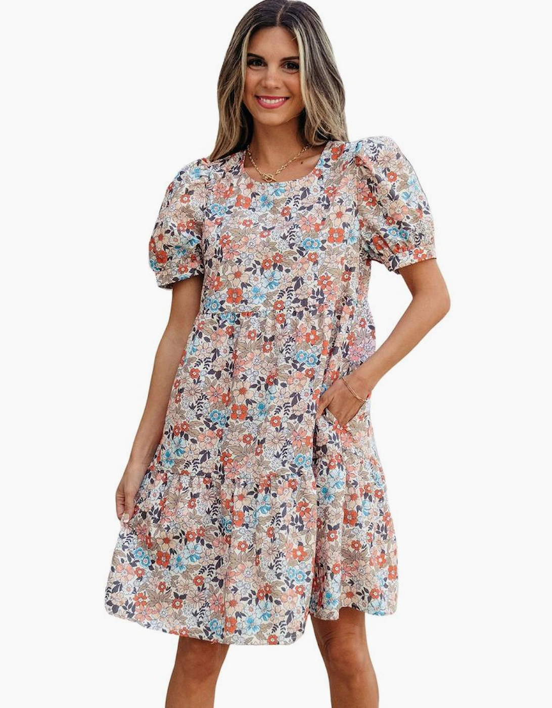 Apricot Bohemian Floral Print Short Puff Sleeve Mini Dress