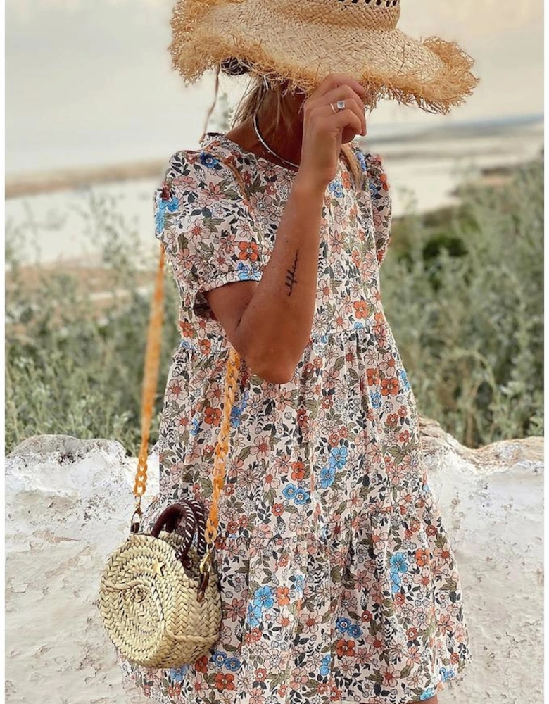 Apricot Bohemian Floral Print Short Puff Sleeve Mini Dress