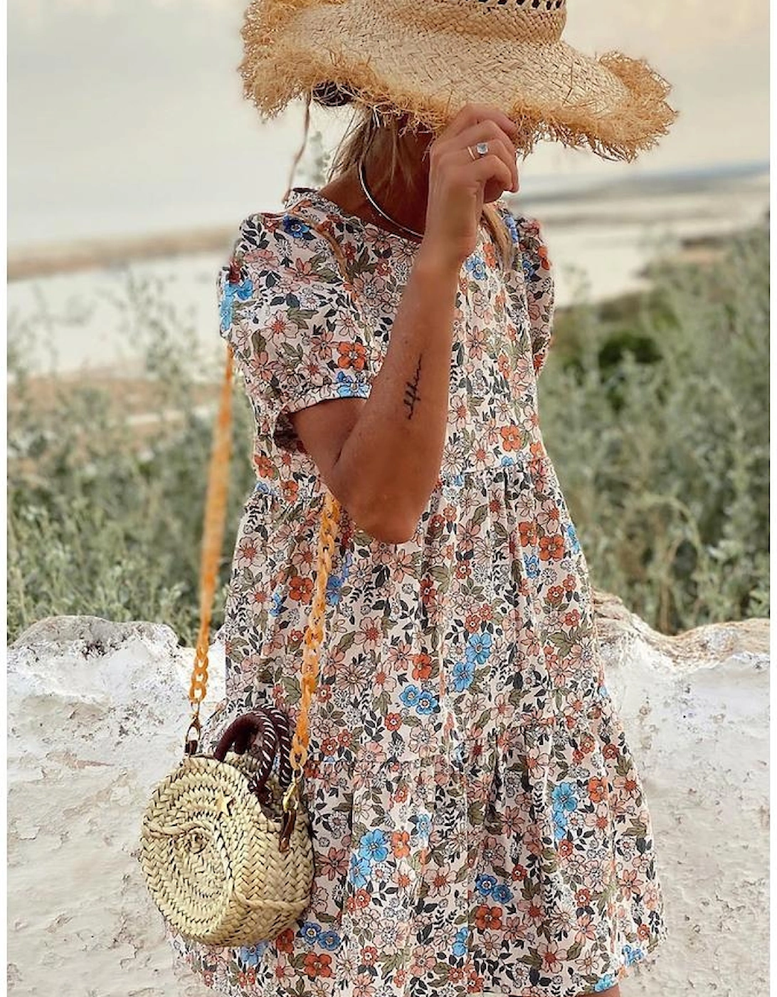 Apricot Bohemian Floral Print Short Puff Sleeve Mini Dress