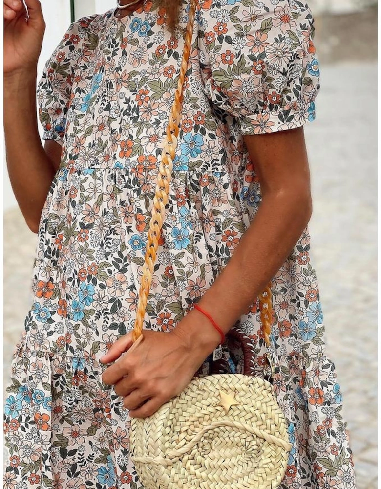 Apricot Bohemian Floral Print Short Puff Sleeve Mini Dress