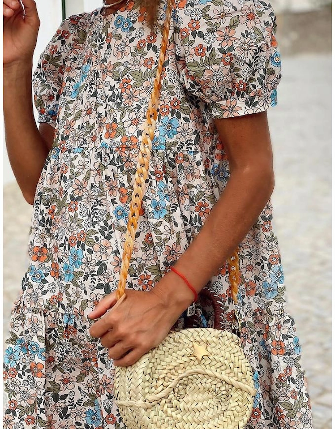 Apricot Bohemian Floral Print Short Puff Sleeve Mini Dress, 16 of 15