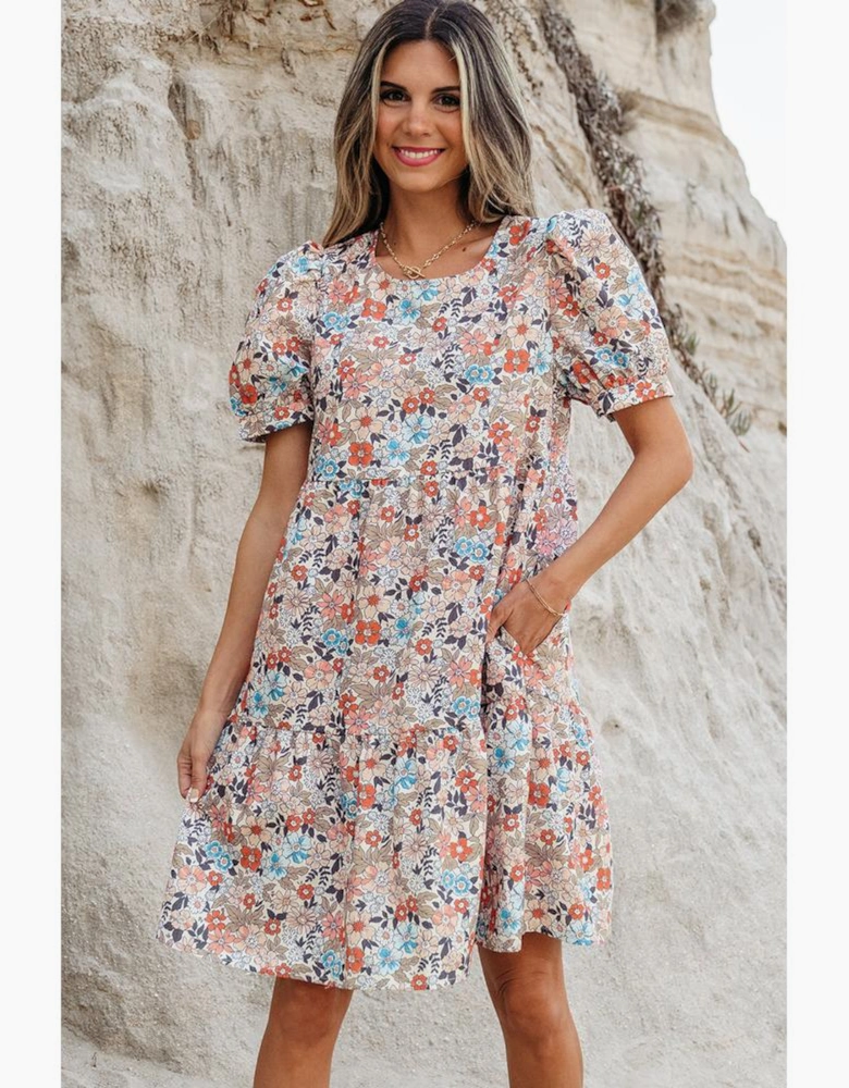 Apricot Bohemian Floral Print Short Puff Sleeve Mini Dress