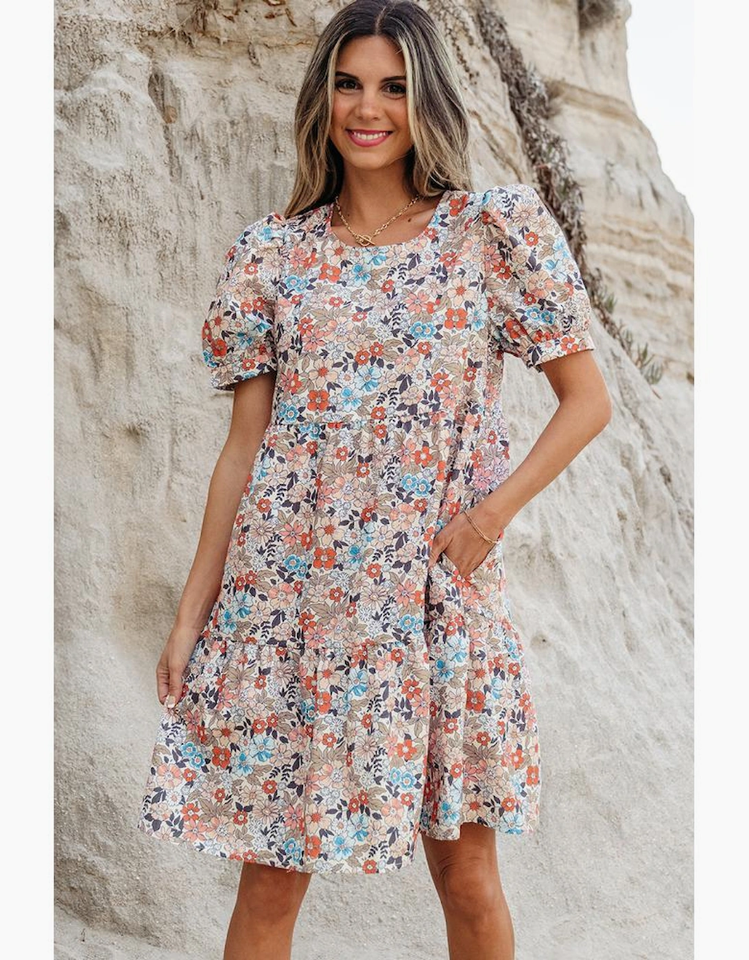 Apricot Bohemian Floral Print Short Puff Sleeve Mini Dress