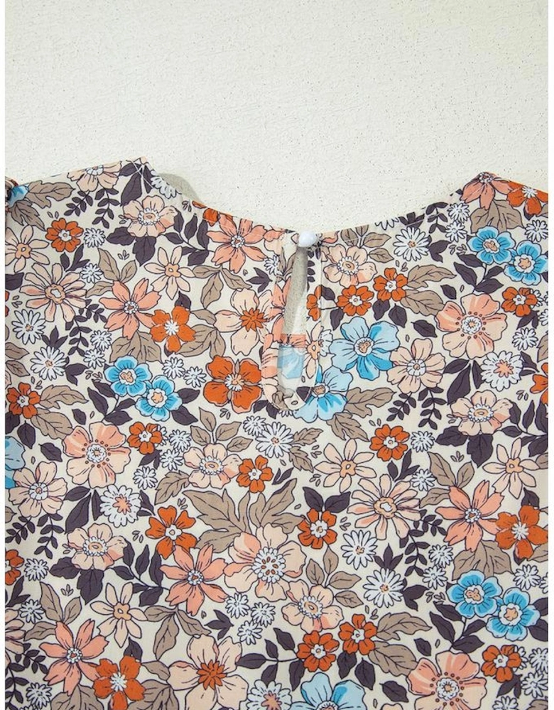 Apricot Bohemian Floral Print Short Puff Sleeve Mini Dress