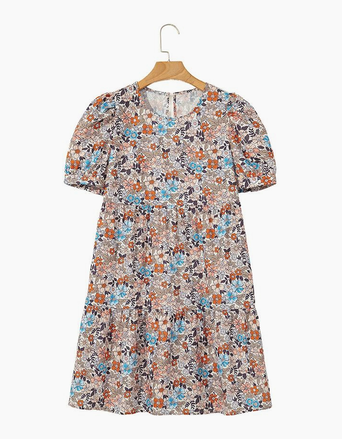 Apricot Bohemian Floral Print Short Puff Sleeve Mini Dress