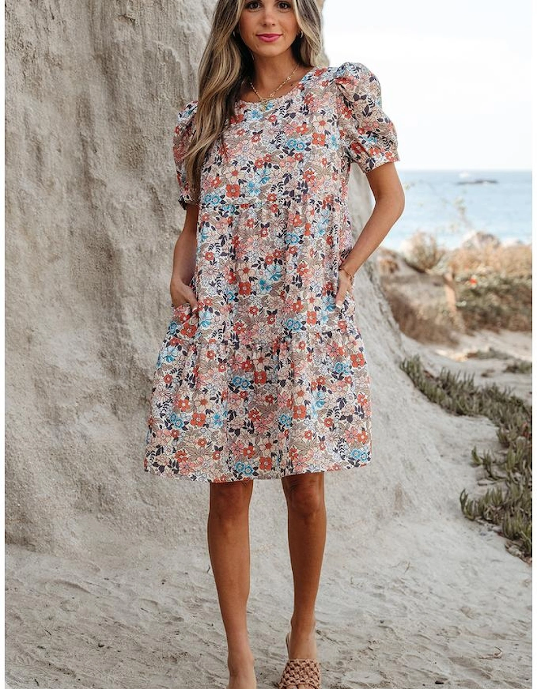 Apricot Bohemian Floral Print Short Puff Sleeve Mini Dress