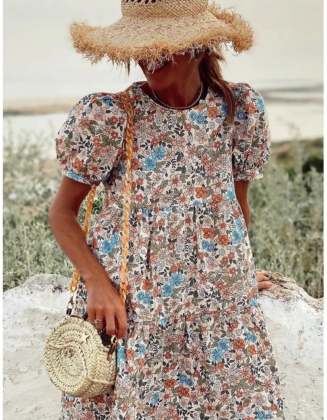 Apricot Bohemian Floral Print Short Puff Sleeve Mini Dress