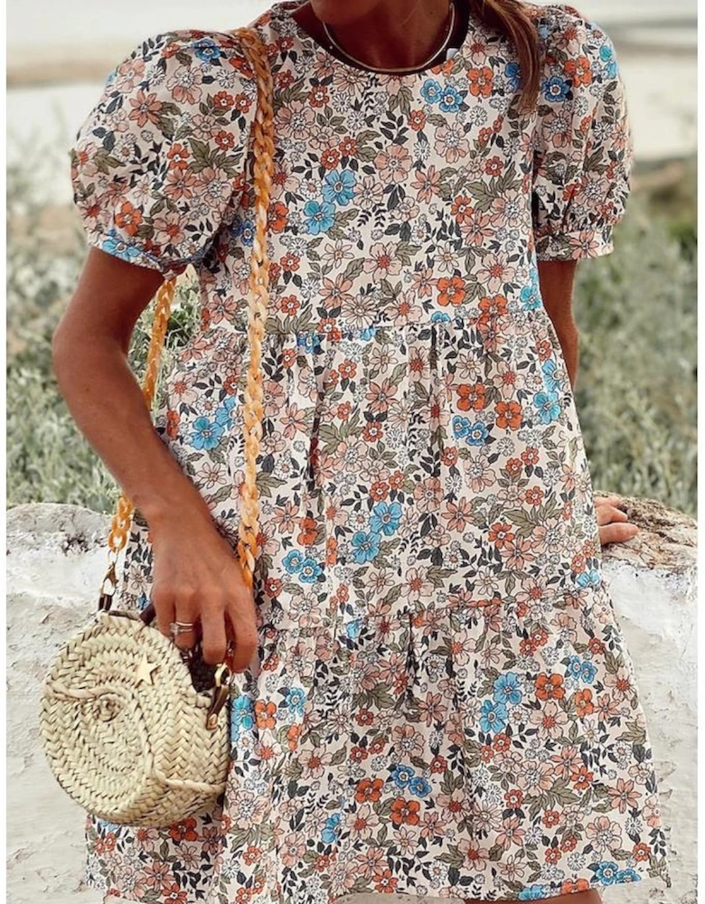 Apricot Bohemian Floral Print Short Puff Sleeve Mini Dress