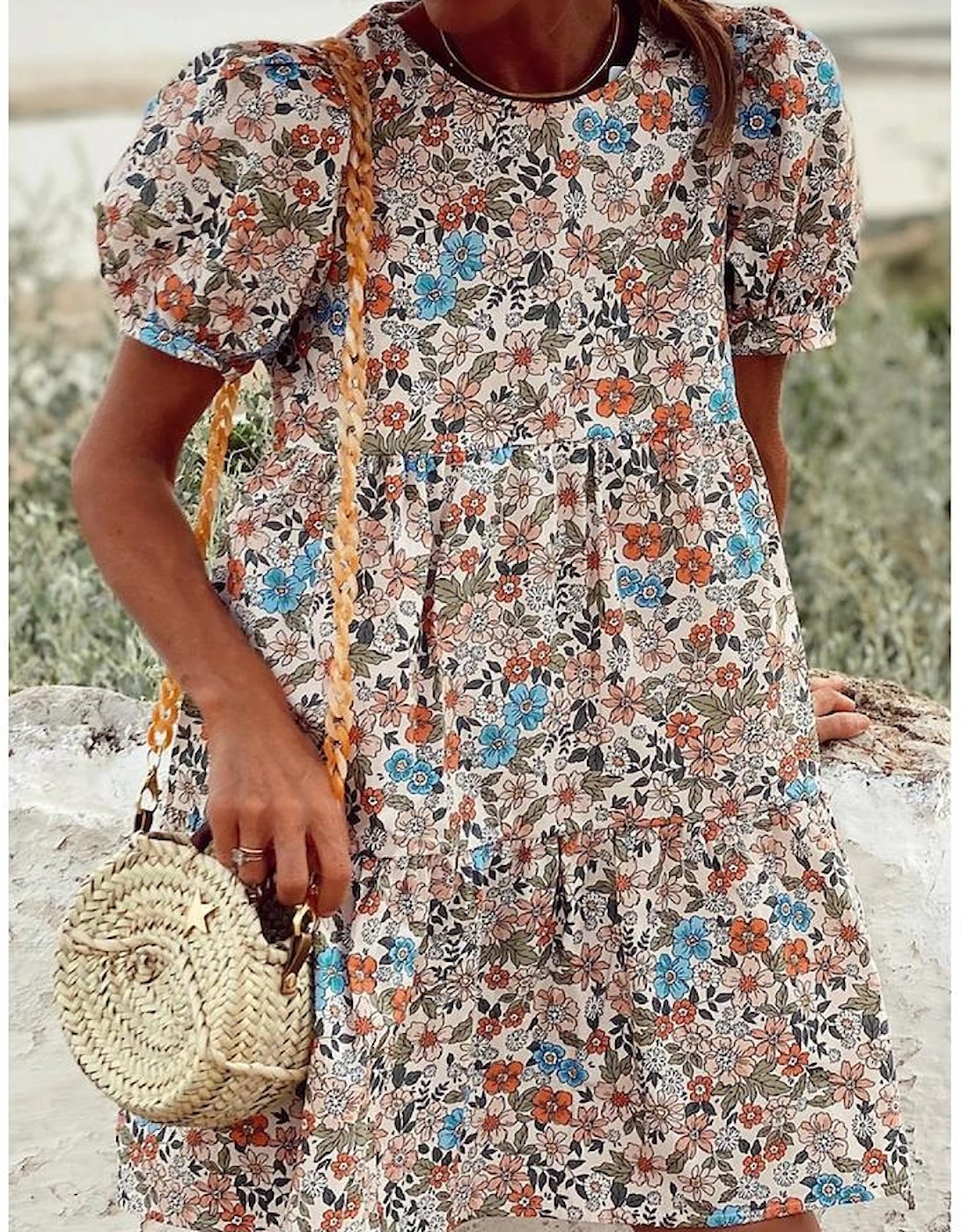 Apricot Bohemian Floral Print Short Puff Sleeve Mini Dress