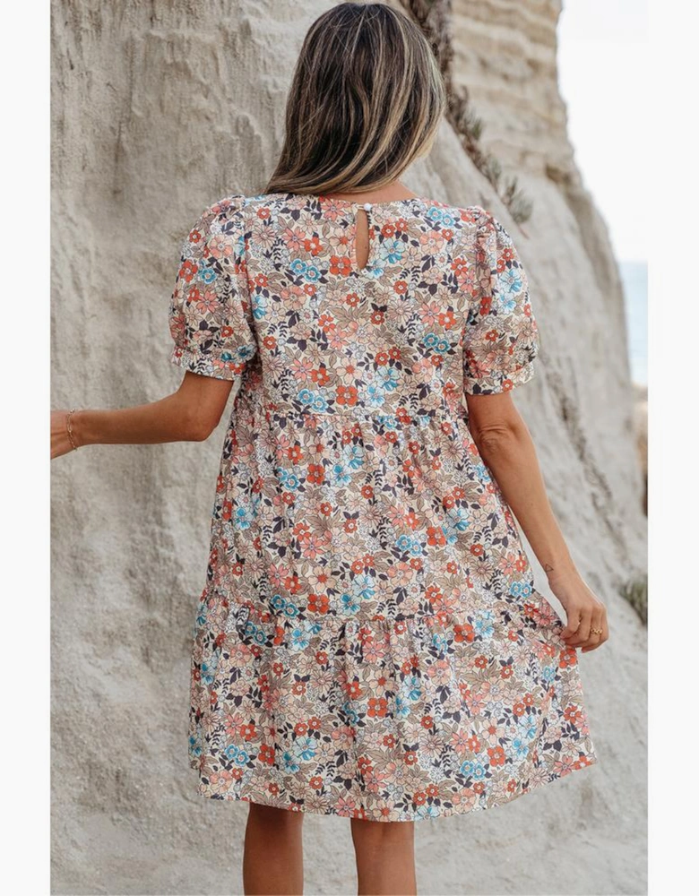 Apricot Bohemian Floral Print Short Puff Sleeve Mini Dress