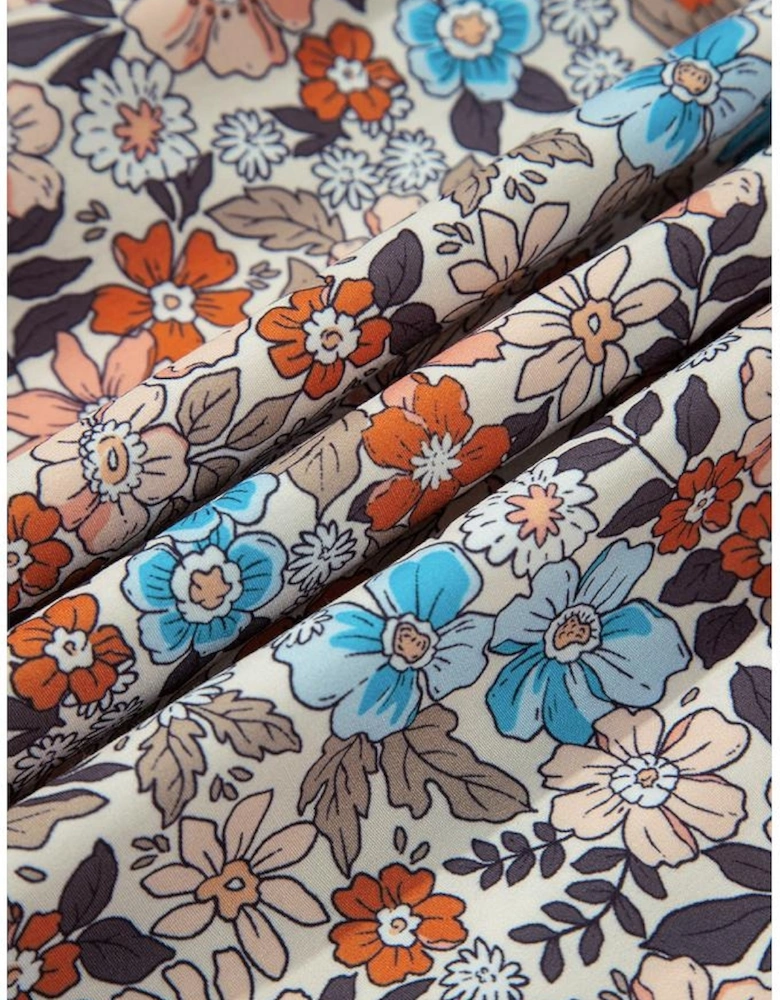 Apricot Bohemian Floral Print Short Puff Sleeve Mini Dress