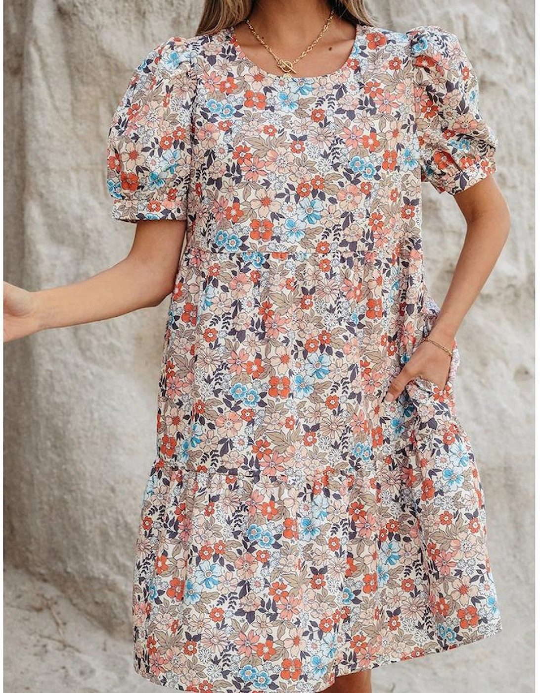 Apricot Bohemian Floral Print Short Puff Sleeve Mini Dress