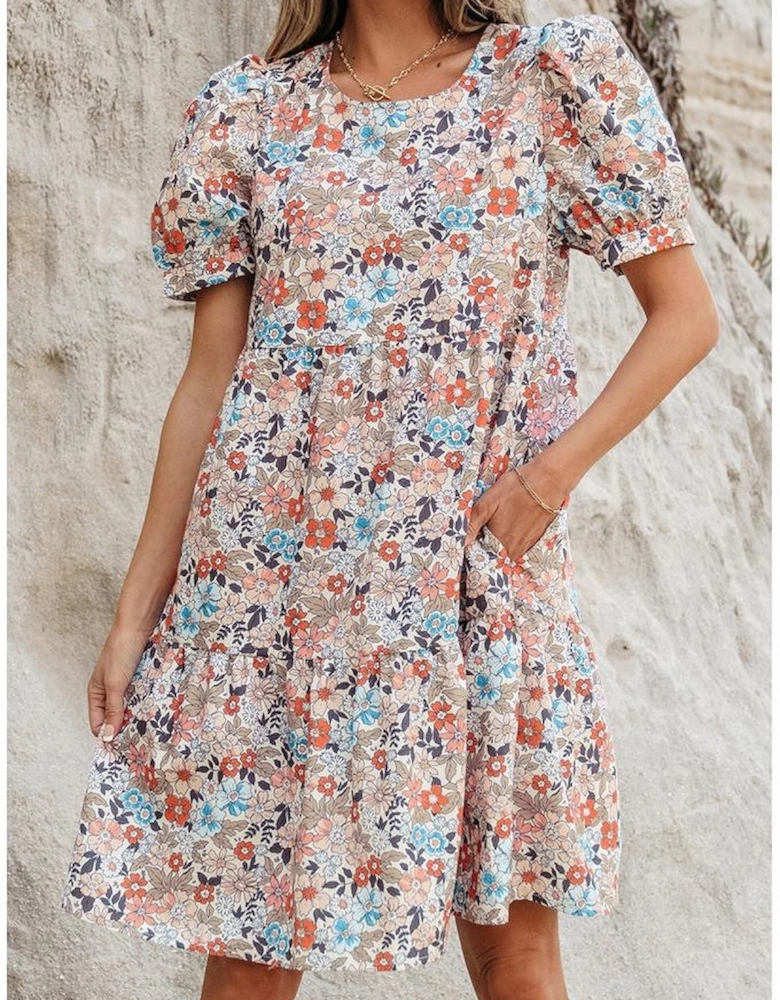 Apricot Bohemian Floral Print Short Puff Sleeve Mini Dress