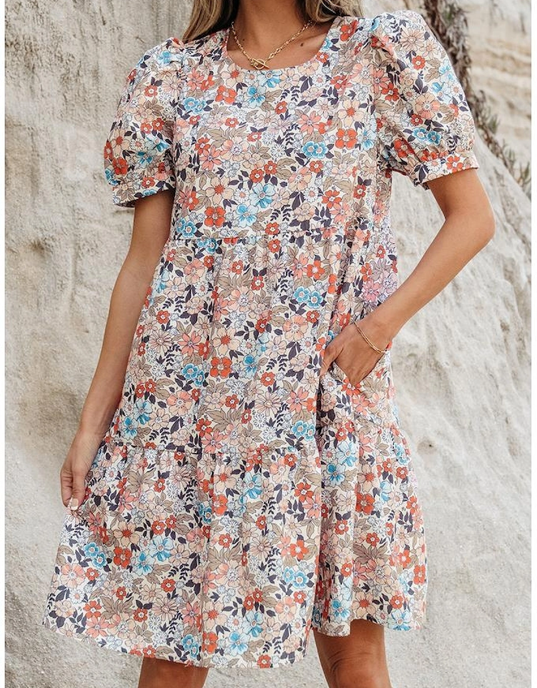Apricot Bohemian Floral Print Short Puff Sleeve Mini Dress