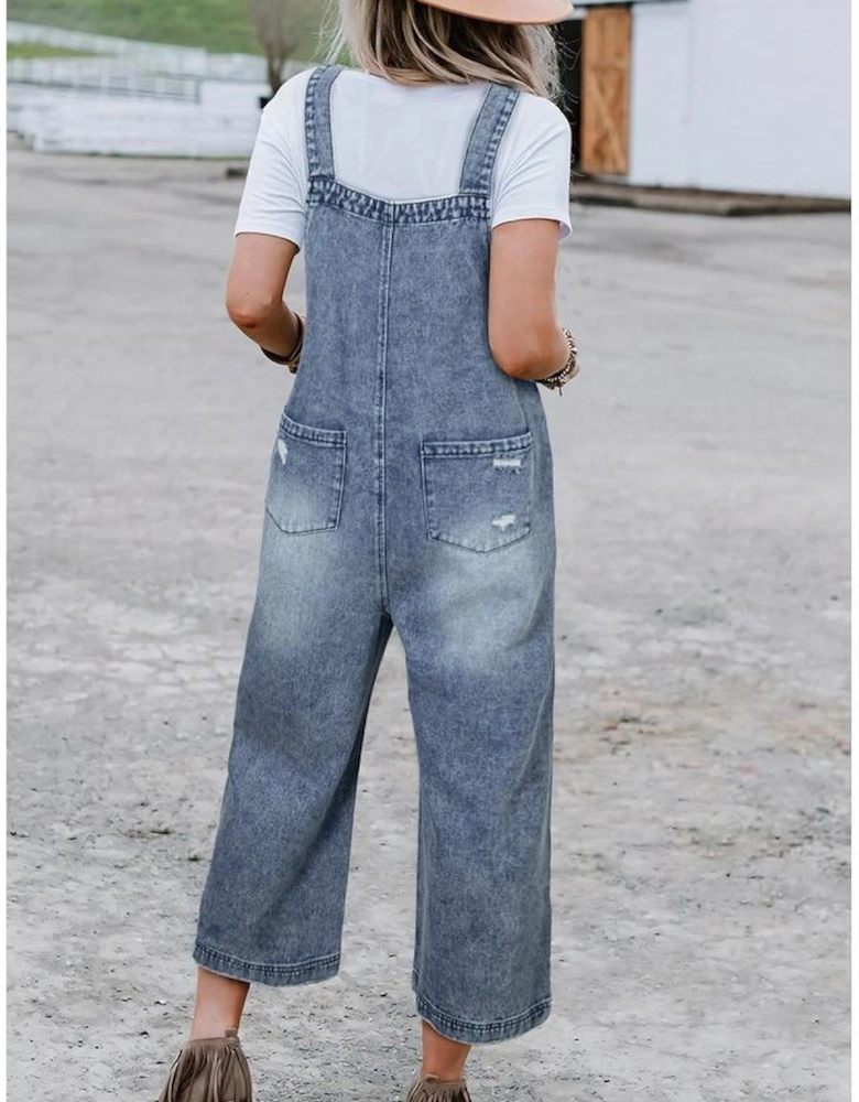 Azura Exchange Stone Blue Distressed Bib Pocket Wide Leg Denim Overall