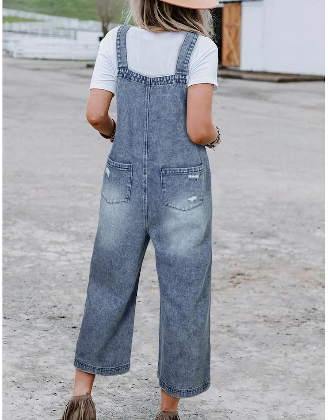 Azura Exchange Stone Blue Distressed Bib Pocket Wide Leg Denim Overall, 4 of 3