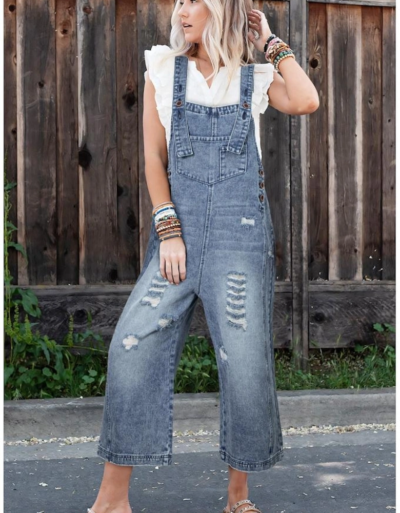 Azura Exchange Stone Blue Distressed Bib Pocket Wide Leg Denim Overall