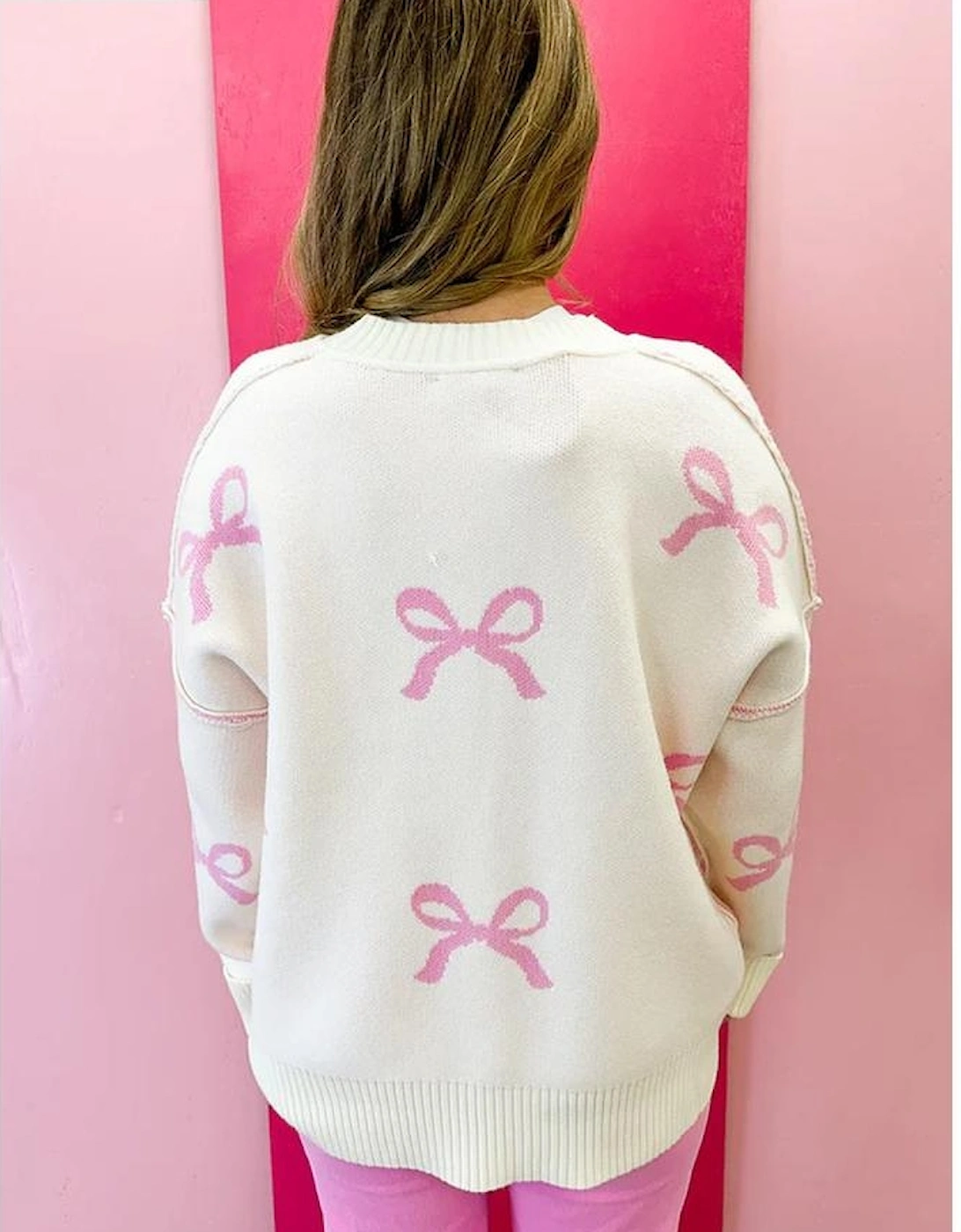 Pink Bow Print Ribbed Trim Exposed Seam Drop Shoulder Loose Sweater, 12 of 11