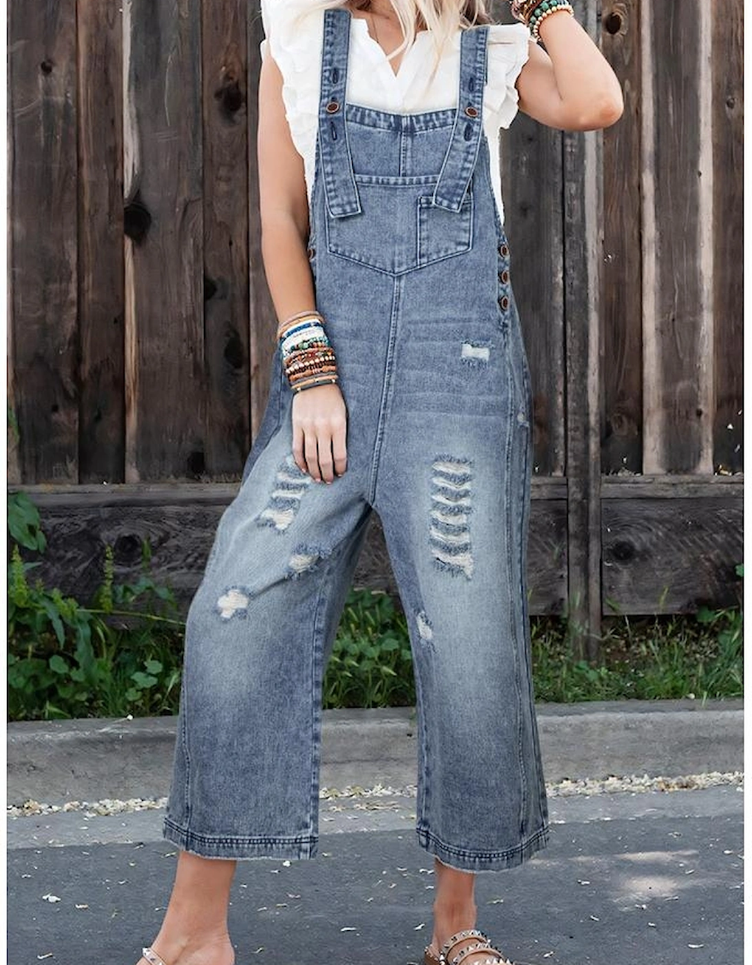 Azura Exchange Stone Blue Distressed Bib Pocket Wide Leg Denim Overall