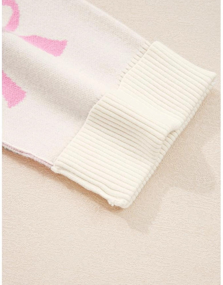 Pink Bow Print Ribbed Trim Exposed Seam Drop Shoulder Loose Sweater