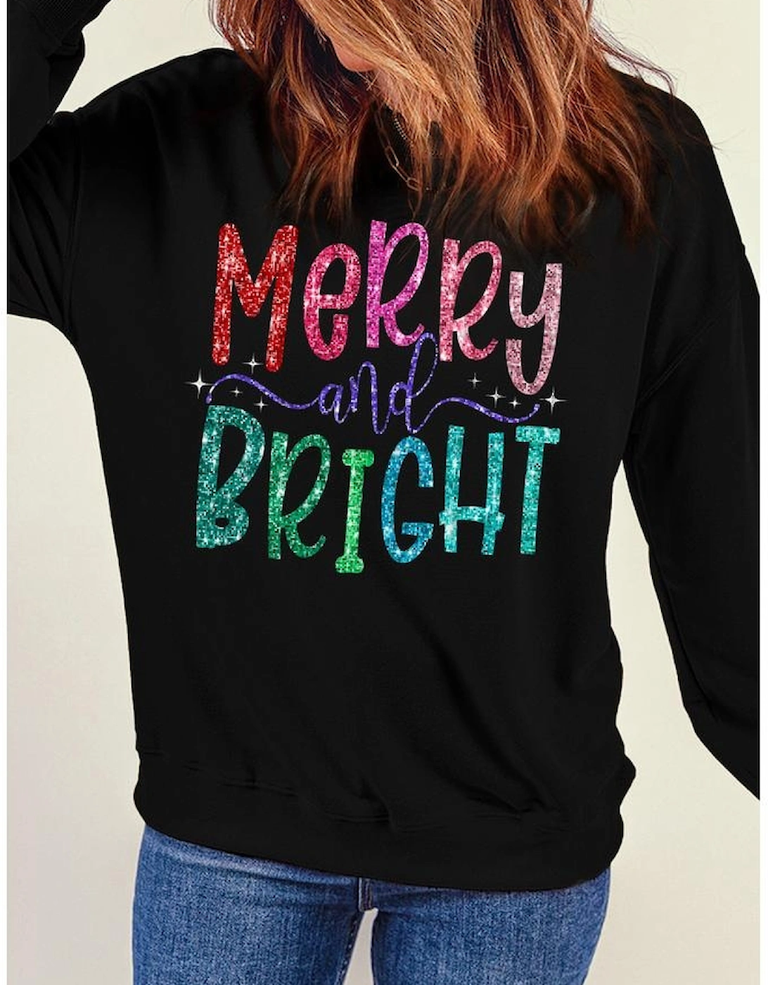 Black Glittering Merry and Bright Graphic Christmas Pullover Sweatshirt, 7 of 6