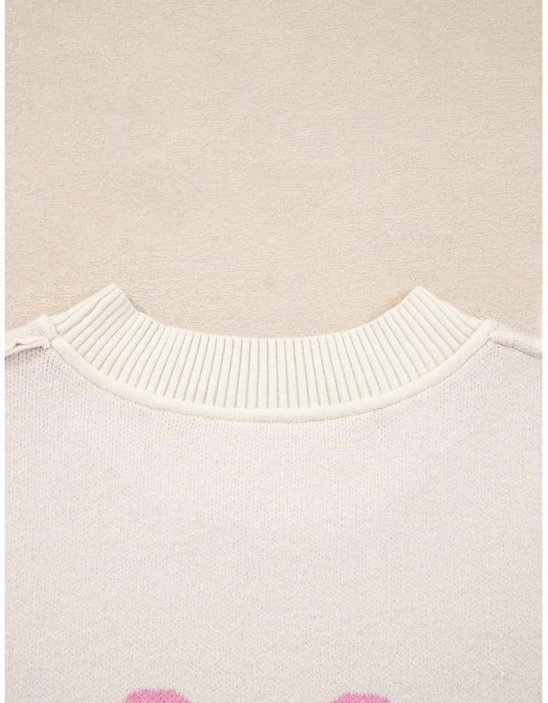 Pink Bow Print Ribbed Trim Exposed Seam Drop Shoulder Loose Sweater