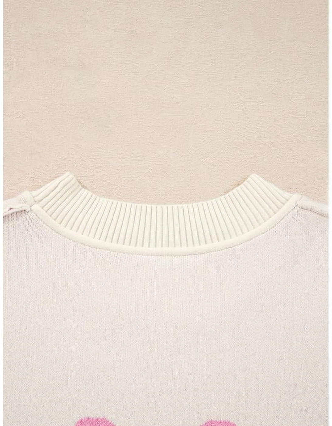 Pink Bow Print Ribbed Trim Exposed Seam Drop Shoulder Loose Sweater