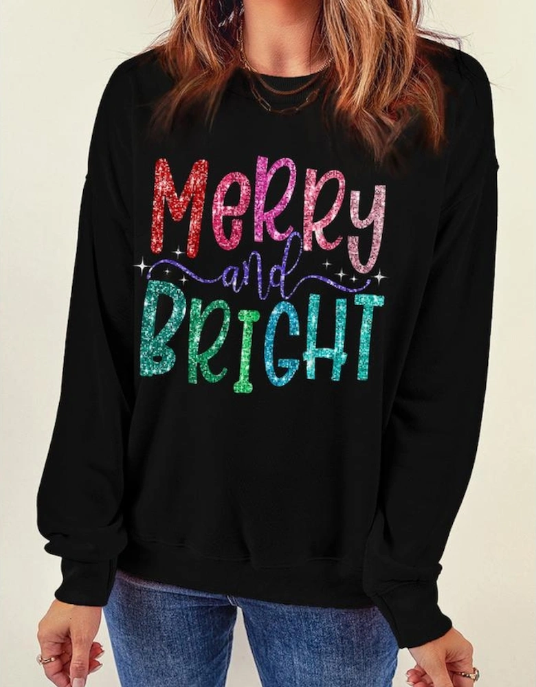 Black Glittering Merry and Bright Graphic Christmas Pullover Sweatshirt