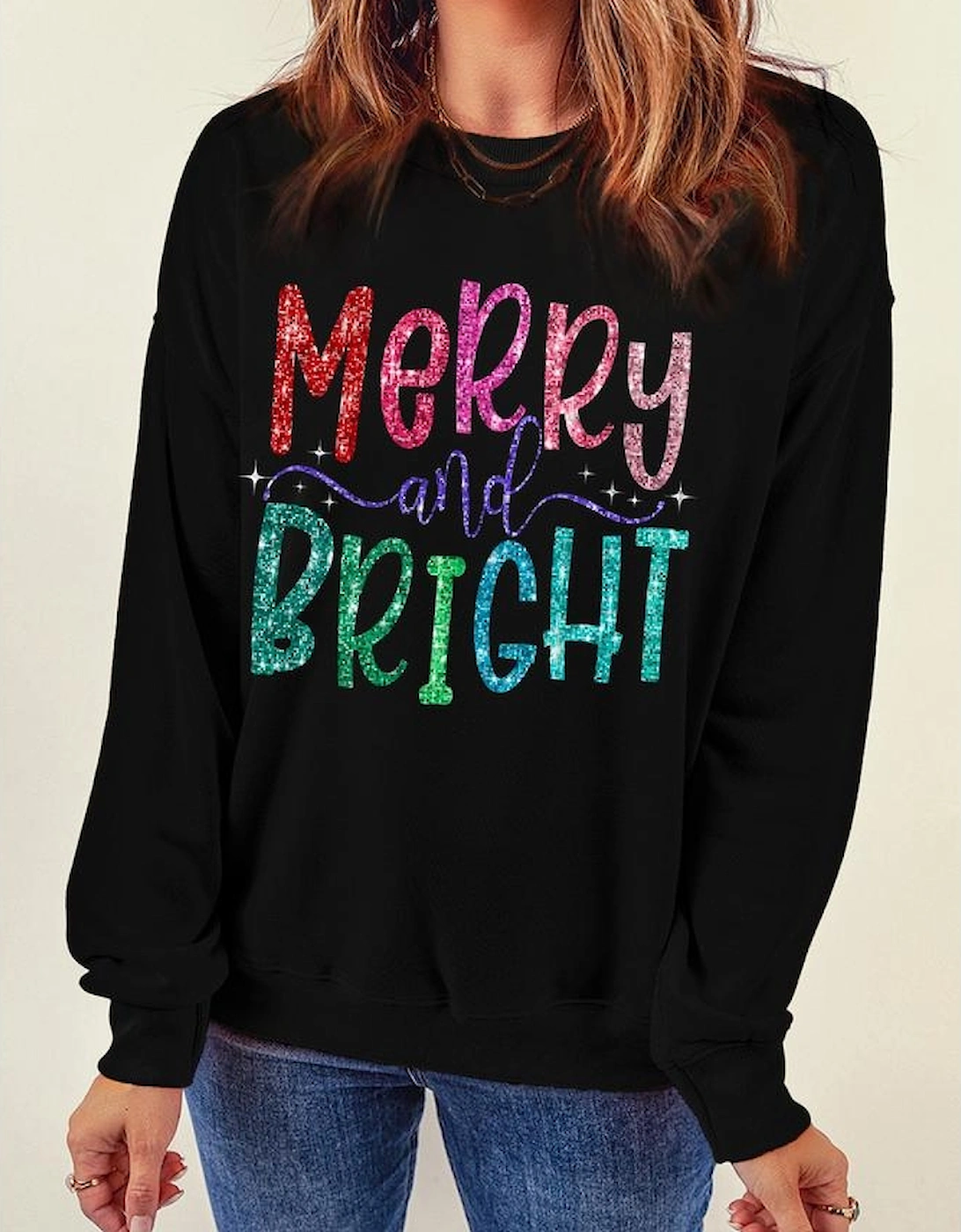 Black Glittering Merry and Bright Graphic Christmas Pullover Sweatshirt