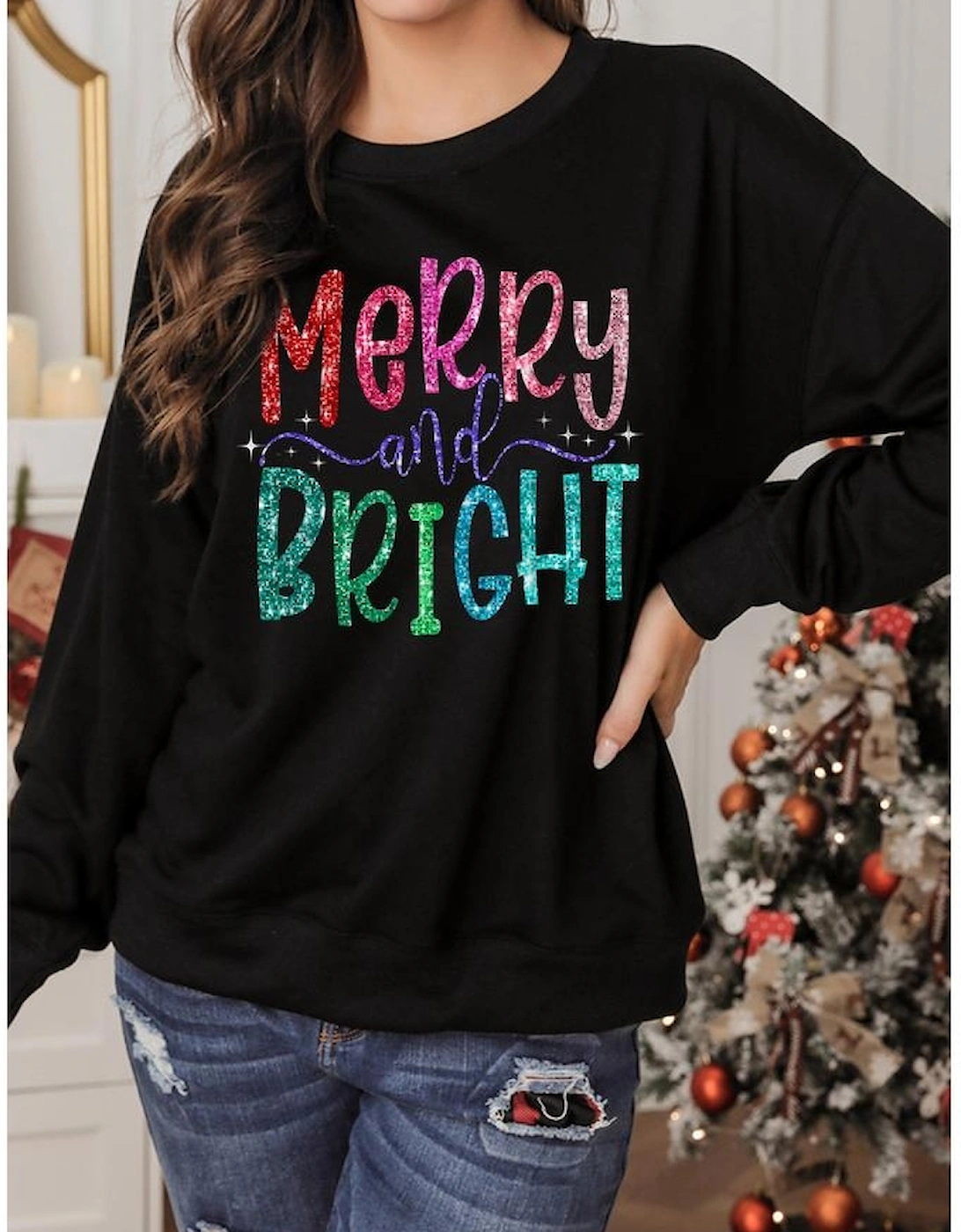 Black Glittering Merry and Bright Graphic Christmas Pullover Sweatshirt