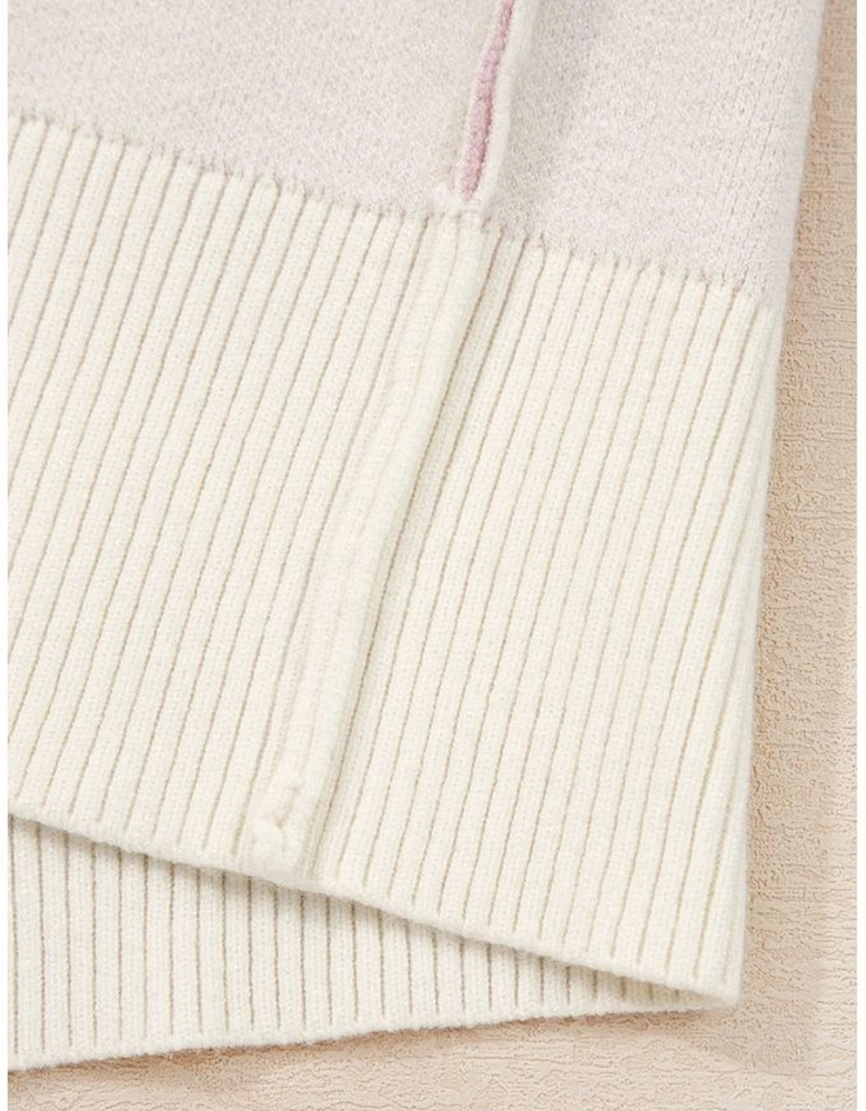 Pink Bow Print Ribbed Trim Exposed Seam Drop Shoulder Loose Sweater