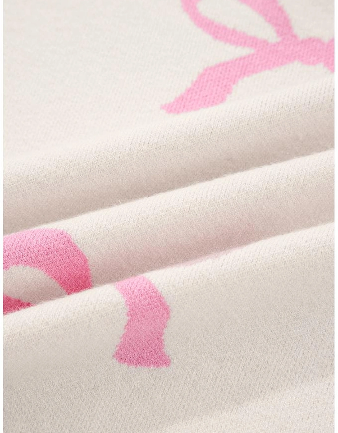 Pink Bow Print Ribbed Trim Exposed Seam Drop Shoulder Loose Sweater