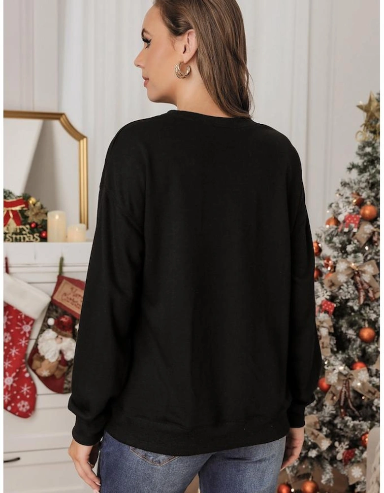 Black Glittering Merry and Bright Graphic Christmas Pullover Sweatshirt