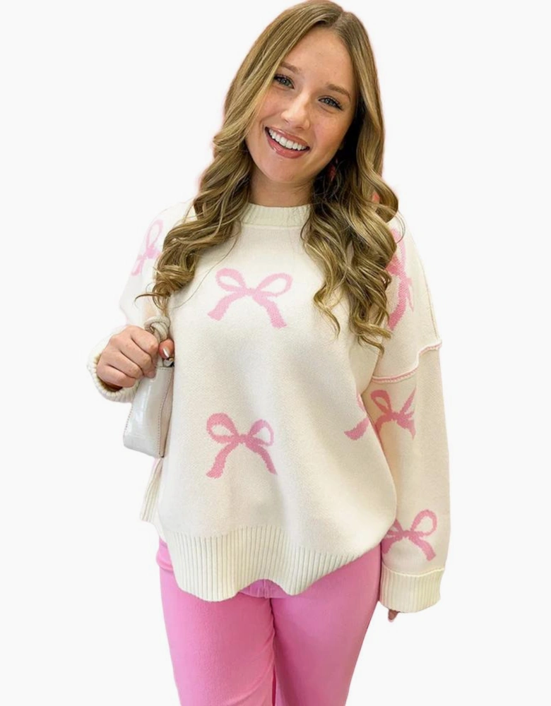 Pink Bow Print Ribbed Trim Exposed Seam Drop Shoulder Loose Sweater