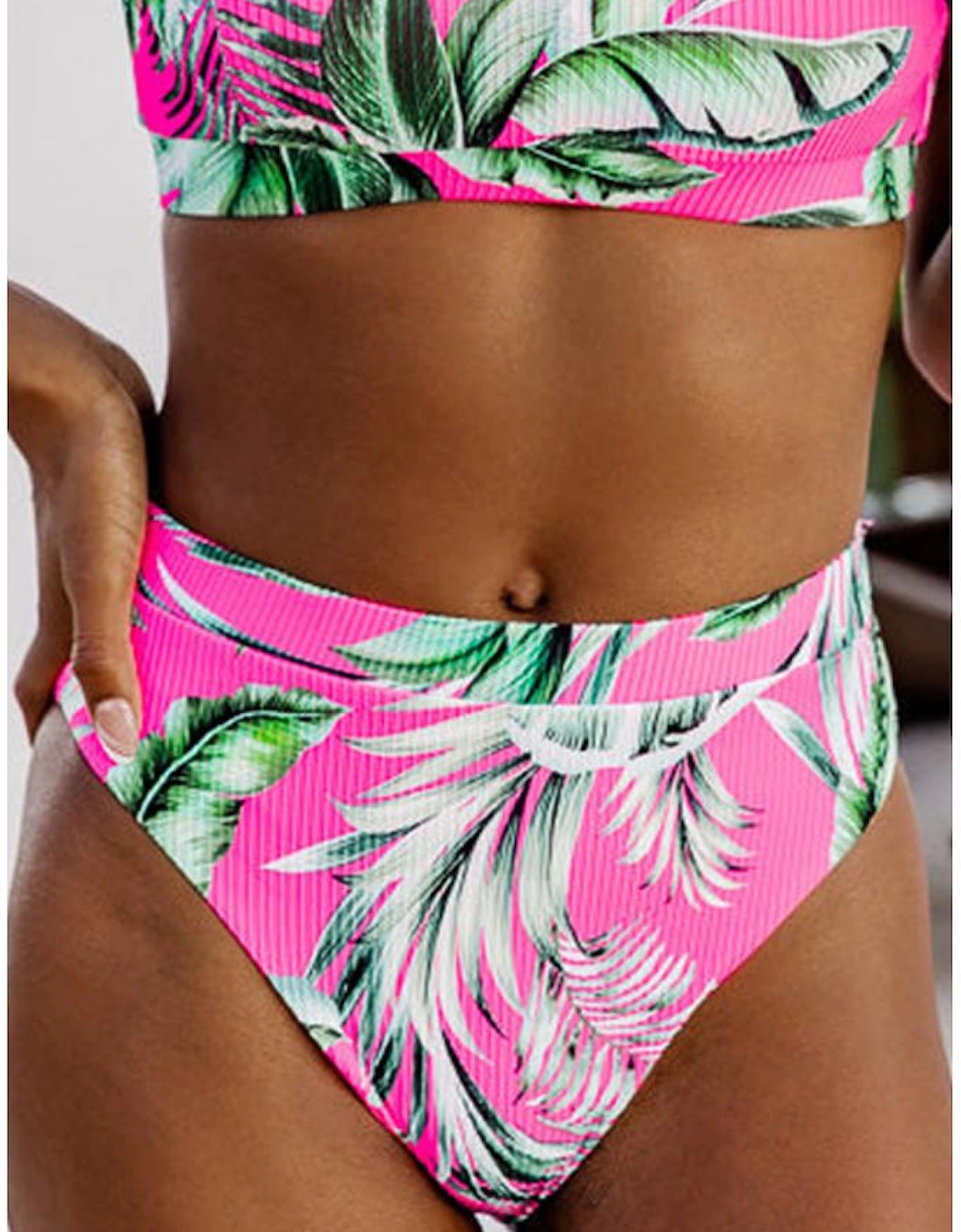 Rose Tropical Print Textured Bikini Bottoms